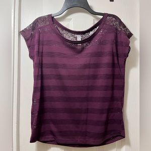 Purple short sleeve sheer top with stripes and lace